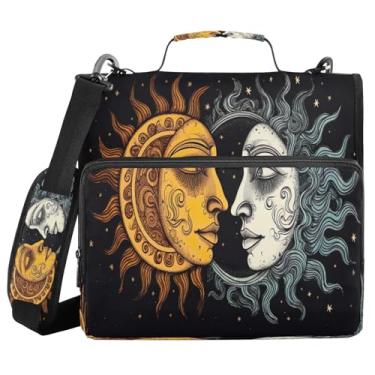 Imagem de Blueangle Fichário com zíper sol e lua, bolsa de fichário de 3 anéis de 3 cm comporta 500 páginas, organizador de zíper com vários bolsos com alça ajustável e alça (505)