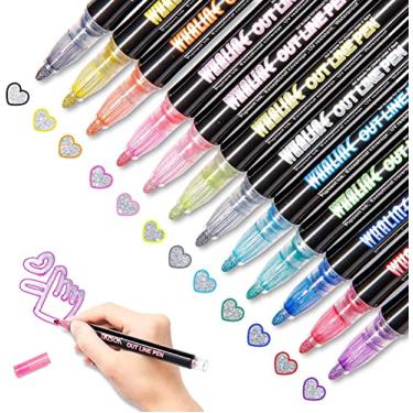 Imagem de Whaline Canetas de contorno de ponta de cinzel de linha dupla, marcadores metálicos autodelineados de 12 cores, artigos de papelaria para escrever cartões de presente, cumprimentos de aniversário