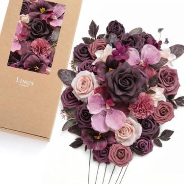 Imagem de Ling's Moment Caixa de flores falsas, hastes artificiais artificiais de espuma, rosas de seda, lilás para decoração de casamento, decorações de mesa, arranjos florais, ameixa e lírio de ameixa, combo