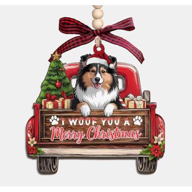 Imagem de Enfeite de madeira I Woof You A Merry Christmas - Caminhão de Natal com cão pastor de Shetland, 3 camadas, enfeite de lembrança de madeira, presentes para mulheres, homens, amantes de animais de