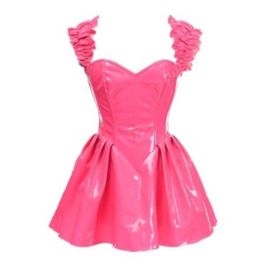 Imagem de Daisy corsets Espartilho feminino plus size com gaveta superior com barbatanas de aço rosa choque PVC envernizado, rosa, 2X