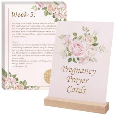 Imagem de Larbeti 20+1 pçs cartões de oração de gravidez, cartões de oração para mulheres grávidas usarem durante a gravidez 42 semanas semanais com marco de gravidez 20P e 1 suporte de madeira natural para