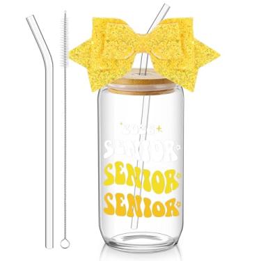 Imagem de Hushee Class of 2026 Senior Night Gifts Garrafa de água de vidro de 473 ml com tampas Canudos Glitter Bow Straw Topper Senior 2026 Tumbler Presente de Formatura para Mulheres Jogadoras Treinadoras de