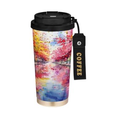 Imagem de STAYTOP Copo de café de aço inoxidável de 500 ml, caneca de café de viagem com isolamento térmico de flores de cerejeira românticas com tampa, xícara de café à prova de derramamento, copos portáteis