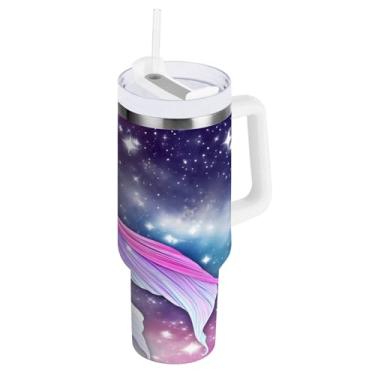 Imagem de Kigai Copo de 850 g com alça, lindos copos isolados de cauda de sereia com tampa e canudo, garrafa de água esportiva de metal grande, caneca de café de viagem de aço inoxidável