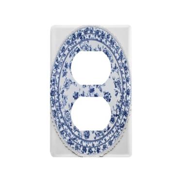 Imagem de Wassud Placa de cobertura para interruptor de luz, azul, branca, porcelana, floral, decorativa, placa de parede para tomadas elétricas duplex 12 x 7 cm