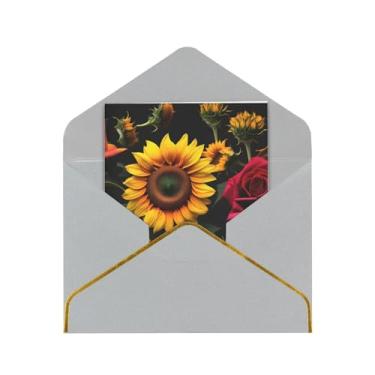 Imagem de SKKNT Cartões de felicitações para todas as ocasiões com estampa de rosas de girassol, cartões de notas em branco versáteis com envelopes 11,4 x 15,2 cm