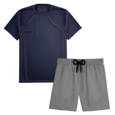 Imagem de Kit Short Praia Academia Passeio Treino Cinza + Camiseta Manga Curta Masculina-Masculino