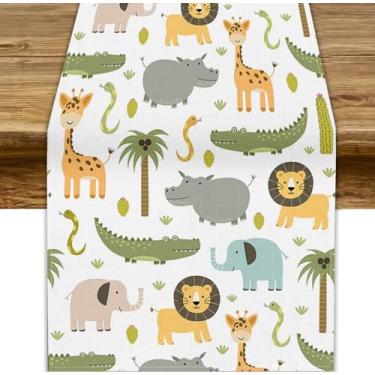Imagem de Mchenxin Caminho de mesa de animais de safári de berçário, desenho animado floresta floresta leão elefante girafa impressão cozinha jantar decoração para crianças, decoração de festa do dia a dia, 33