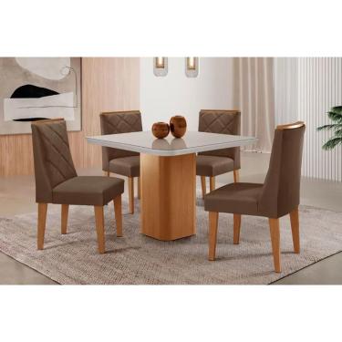 Imagem de Sala Jantar Mesa Maldivas Tampo c/ Vidro Curvo 90cm+4 Cadeiras Pietá Madeira Naturale/Off White - Capuccino/Suede Marrom - Rufato