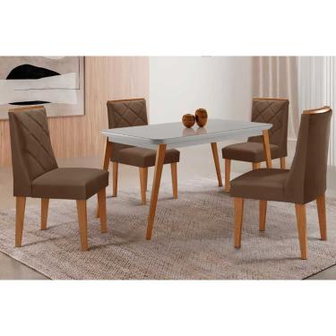 Imagem de Sala Jantar Mesa Havana Tampo c/ Vidro Curvo 120cm+4 Cadeiras Pietá Madeira Naturale/Off White - Capuccino/Suede Marrom - Rufato