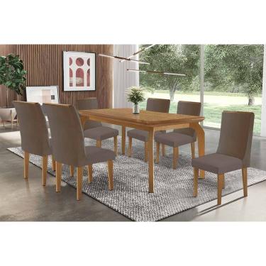 Imagem de Sala Jantar Mesa Londrina Tampo Curvo 180cm+6 Cadeiras Dakota Madeira Naturale - Capuccino/Suede Capuccino - Rufato