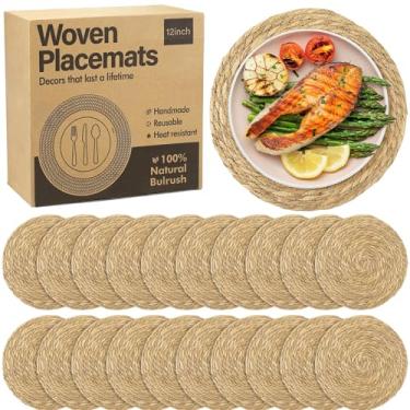 Imagem de Elcoho 20 peças de jogo americano de tecido redondo de 30 cm Boho Rattan Placemats de fazenda trançados, carregadores, tapetes de mesa de vime rústicos para mesa de jantar
