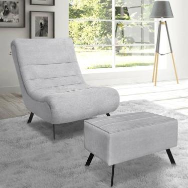 Imagem de Conjunto Poltrona + Puff Com Pés De Ferro Em Tecido Bouclé Vancouver – Lucadi Cinza