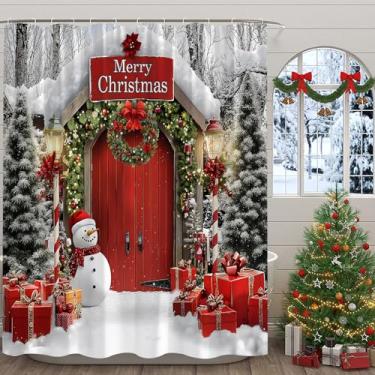 Imagem de ZRUWUA Cortina de chuveiro Merry Christmas, casa de fazenda, árvore de Natal, boneco de neve, vermelho, porta de celeiro, cortina rústica para decoração de banheiro com ganchos, 178 cm L x 178 cm C