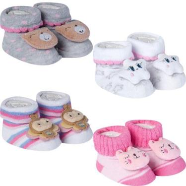 Imagem de Kit 4 Meias Pantufa Sapatinho Bebê Recém Nascido Menina Saída Maternid