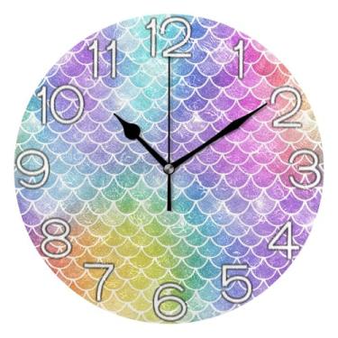 Imagem de Relógio de parede analógico decorativo divertido alimentado por bateria relógio de cozinha fofo, decoração de parede vintage sala de estar colorido arco-íris escamas de peixe, 25 cm, ponteiros pretos