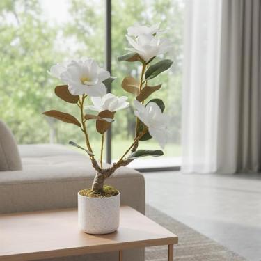 Imagem de Árvore de magnólia artificial para decoração de sala de estar, flores artificiais realistas com flores brancas, planta falsa em vaso