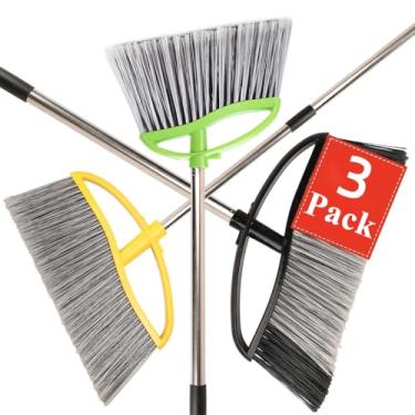 Imagem de Chanhoo Pacote com 3 vassouras largas e resistentes – vassouras externas de cerdas rígidas para varredura de pátio, jardim, garagem, quintal (preto, amarelo, verde)
