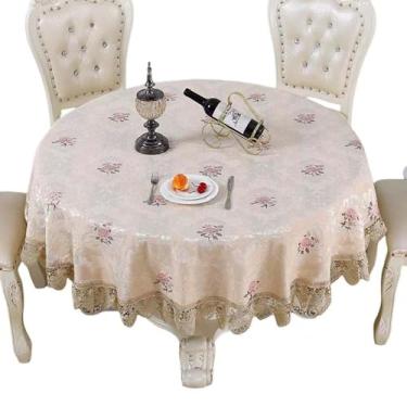 Imagem de Qubjus Toalha de mesa redonda floral bordada elegante com borda de renda, capa de mesa decorativa delicada para sala de jantar, festa e reuniões de férias (redondo - 91 cm, bege)