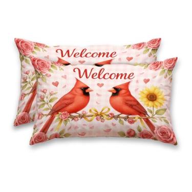 Imagem de HOMETITUTE Conjunto de 2 fronhas decorativas de cetim 30,5 x 50,8 cm, arte floral e pássaro para sofá, sala de estar, casa de fazenda, decorações de primavera