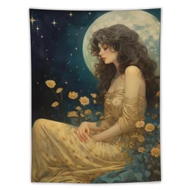 Imagem de Tapeçaria sonhadora lua cheia cabelo encaracolado menina em vestido dourado arte de parede boho celestial quarto decoração suave romântica cena noturna com flores silvestres amarelas e céu estrelado