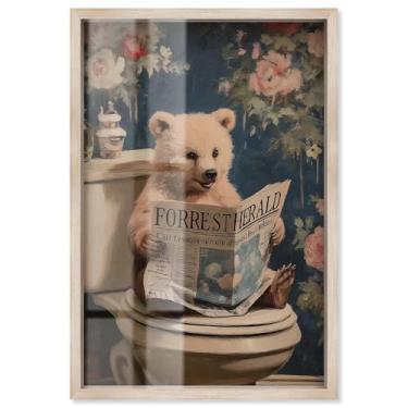 Imagem de Bear Cub in Garden Toilet Shadowbox Print Bathroom Wall Art por Art Remedy, moldura loira, 43 x 63 cm