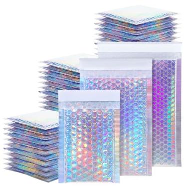 Imagem de Pacote com 50 envelopes de bolha, envelopes holográficos de bolhas com 3 tamanhos, à prova d'água, autovedante, glamour, sacos de envio para correspondência, embalagem, pequenas empresas, suprimentos