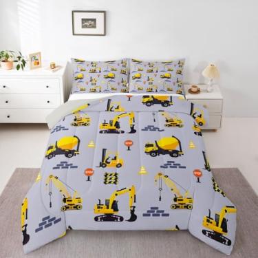 Imagem de jejeloiu Conjunto de edredom infantil com escavadeira, veículos de construção, equipamentos, caminhões, edredom para decoração de quarto de crianças, meninos, meninas, microfibra, ultramacia