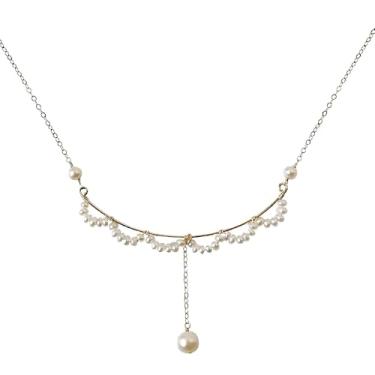 Imagem de Agemoss Colar de pérolas artificiais, empilhável, banhado a ouro 18 k, casamento, aniversário, temporada de formatura, acessórios de presente de festa, colar de pérola com borla ()