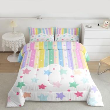 Imagem de Feelyou Conjunto de edredom com listras coloridas, estilo princesa, 2 peças, 2 peças com 1 fronha