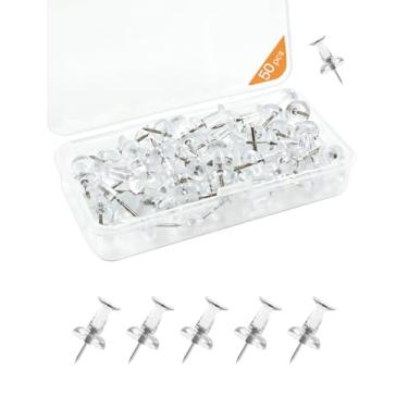 Imagem de 50 peças de pinos curtos para quadro de avisos Fluxynara , tachas de polegar com ponta de plástico transparente e aço, tachinhas com caixa de armazenamento para quadro de cortiça, escritório, sala de