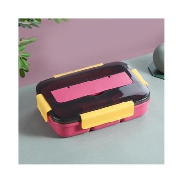 Imagem de Caixa de almoço com 4 compartimentos com colher para trabalho, piquenique, acampamento, uso de tampa serve como suporte de telefone e coloque no forno de micro-ondas (vermelho)