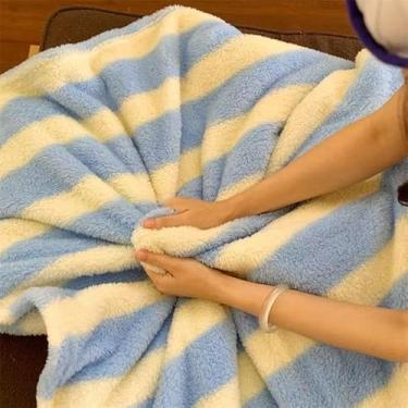 Imagem de Cobertor de lã polar, cobertor aconchegante de dupla face para outono e inverno, cobertor de sofá com vários tamanhos e padrões para todas as idades (listras azuis e brancas, 79 x 119 cm)