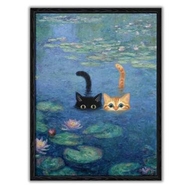 Imagem de Arte de parede em tela vintage Monet Water Nenúfares, pôsteres engraçados de gato em nenúfares estampa floral abstrata de fazenda, estilo de pintura a óleo, decoração de quarto para quarto, banheiro