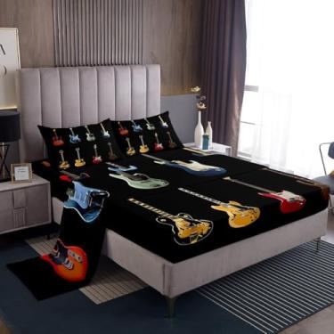 Imagem de Erosebridal Jogo de lençol casal de guitarras, instrumento musical moderno, tema de música pop, para quarto de crianças, meninos, meninas, lençol de cima, 4 peças com 2 fronhas