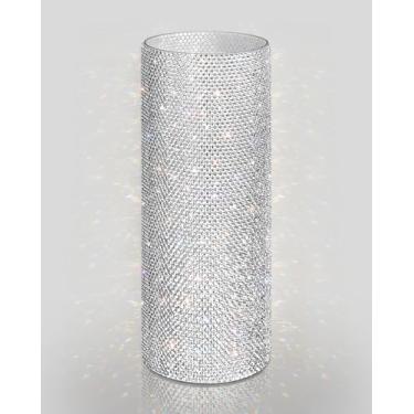 Imagem de Yivaiks Vaso cilíndrico grande brilhante para buquê largo, vaso alto de flores brilhantes com strass brilhante, exibição para casa ou casamento, vidro orgânico antiquebra (30 cm de altura, abertura de