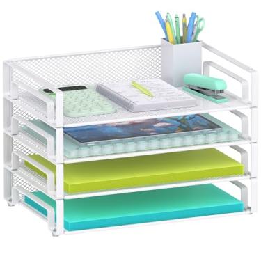 Imagem de Samstar Pacote com 4 bandejas de papel empilháveis brancas, organizador de arquivos de mesa, classificador de papel para pastas de documentos tamanho carta/A4, feito em malha, branco