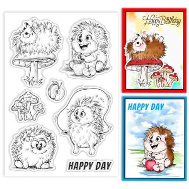 Imagem de 1 folha de carimbos transparentes de plástico PVC, carimbo de silicone personalizado com tema animal, estampa de maçã de cogumelo, carimbos transparentes para fazer álbuns de fotos faça-você-mesmo, 16