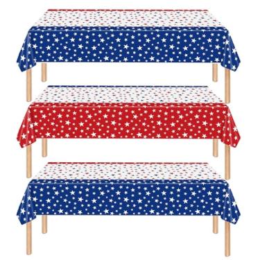 Imagem de 3 peças de toalha de mesa de plástico vermelha, branca e azul com estrela vermelha, branca e azul, capas de mesa retangulares descartáveis para 4 de julho, Dia da Memorial, Dia dos Veteranos, Dia da