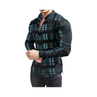 Imagem de Camisa Casual Masculina Com Estampa Xadrez Clássica, Gola Lapela, Mang