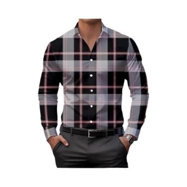 Imagem de Camisa Casual Masculina Com Estampa Xadrez Clássica, Gola Lapela, Mang