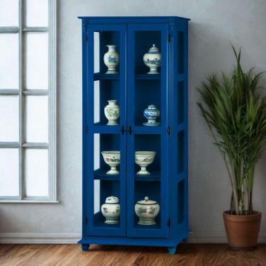 Imagem de Cristaleira Rústica De Madeira 3 Prateleiras Pés Torneados - Azul Bic Laca