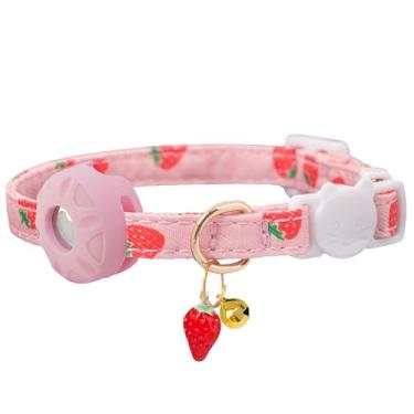 Imagem de Coleira Breakaway para gatos com suporte de airtag, coleira de gatinho com suporte para Apple Air Tag e sino para gatos, 0,4 polegadas de largura e leve (morango rosa)