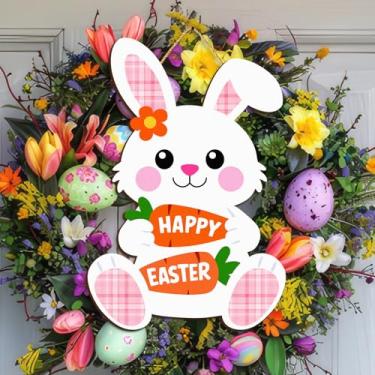 Imagem de Kercan Guirlanda de porta de decoração de Páscoa de madeira para placa de porta da frente, placas de parede decoração de coelho, placa de boas-vindas pendurada para decoração de parede de casa, festa