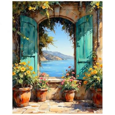 Imagem de Kit de pintura mediterrânea por números para adultos – Pintura em tela com vista à beira-mar faça você mesmo, conjunto de tinta acrílica, adequado para iniciantes, arte para decoração de casa ou