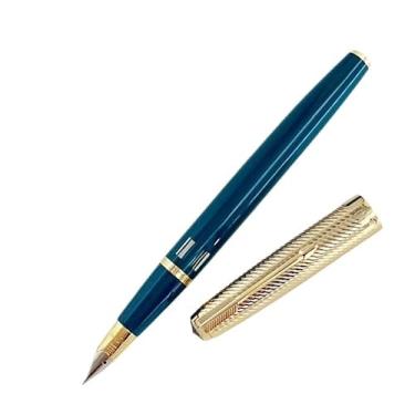 Imagem de Clouism Caneta-tinteiro com tampa dourada e pedra azul dupla, pistão a vácuo, canetas, presente, artigos de papelaria, material de escritório escolar (azul escuro, tampa listrada)