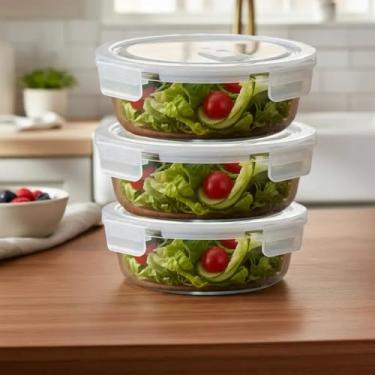 Imagem de Kit 3 Pote Hermético 650 ml de Vidro Redondo com Tampa, Transparente com Travas Vedação em Silicone, conjunto Recipiente para Armazenamento de Alimentos, Freezer e Micro-ondas