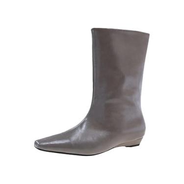 Imagem de Lymphvity Botas femininas de bico fino, cano médio, cano médio, cano largo, salto baixo, botas longas de couro, sem fecho, para festa, Cinza, 35