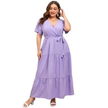 Imagem de ShopWonder Vestido feminino plus size com decote em V, cintura alta, babados, vestido casual de verão com cinto, Roxo liso, GG